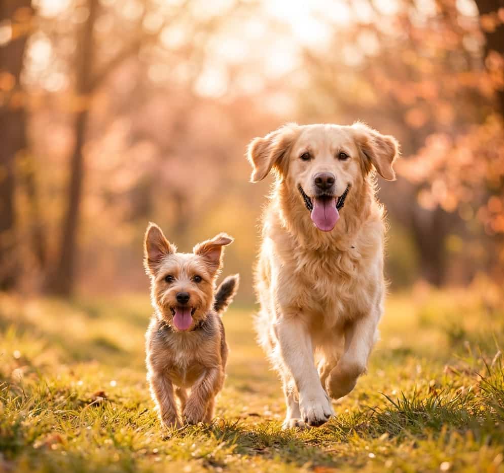 Two dogs running together in a sunny park.